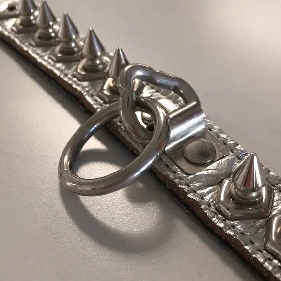 Silver spiked leather lead collar costume Fetish Halloween GoGo Dancer - Picture 10 of 12